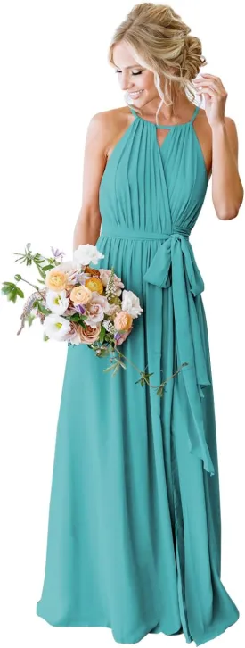 Women's Halter Pleated Chiffon Long Bridesmaid Dresses with Pockets Formal Dresses Evening Party Gown