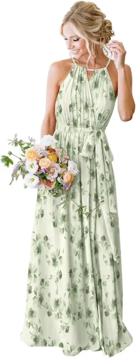 Women's Halter Pleated Chiffon Long Bridesmaid Dresses with Pockets Formal Dresses Evening Party Gown