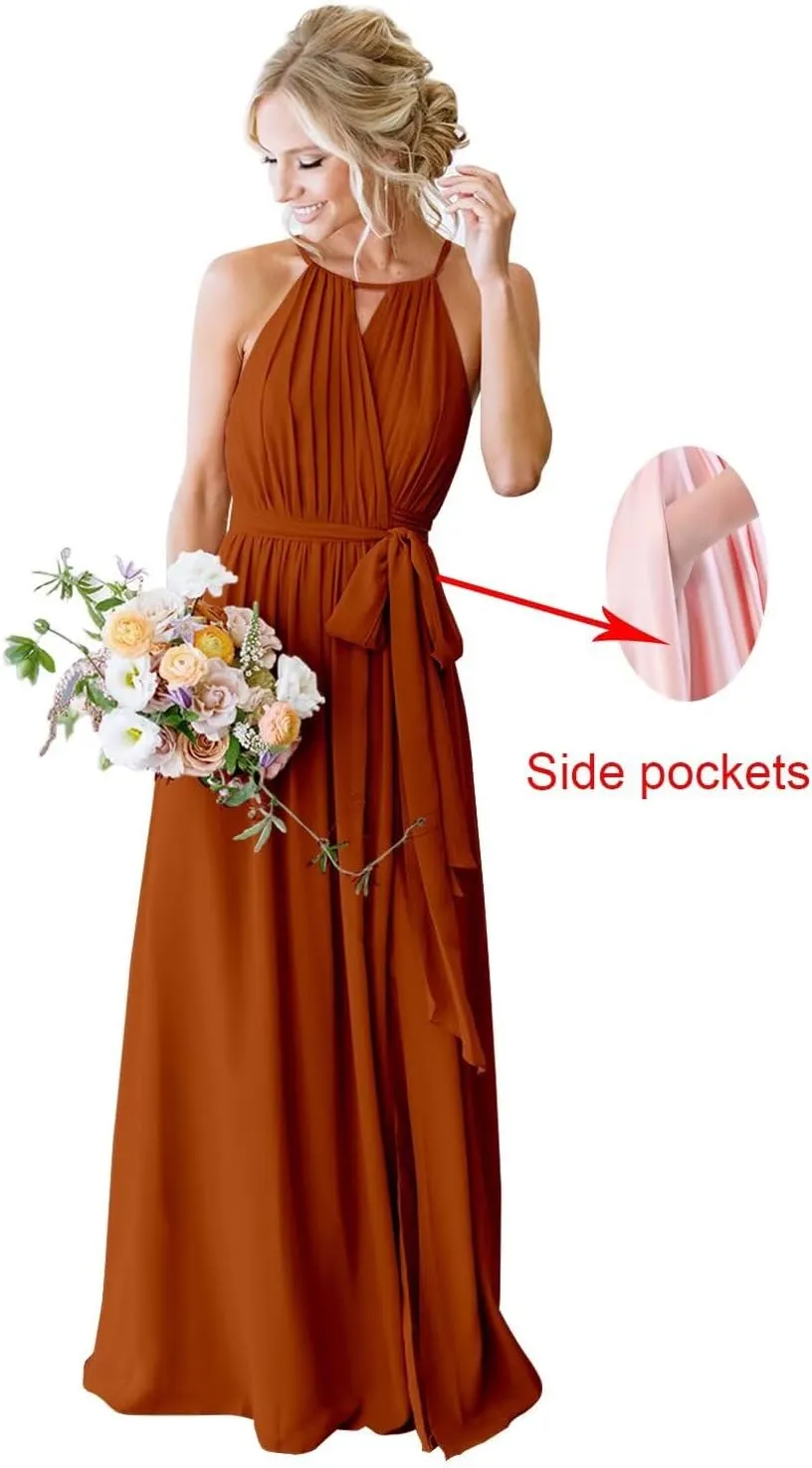 Women's Halter Pleated Chiffon Long Bridesmaid Dresses with Pockets Formal Dresses Evening Party Gown