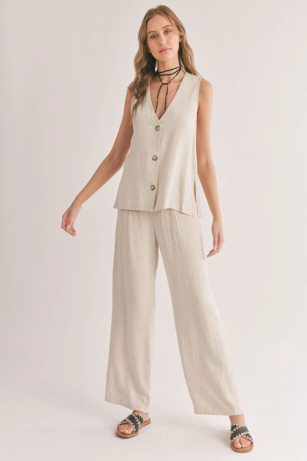 Women's Linen Blend Button Down Vest Top | Oatmeal