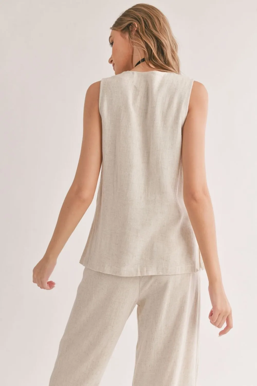 Women's Linen Blend Button Down Vest Top | Oatmeal