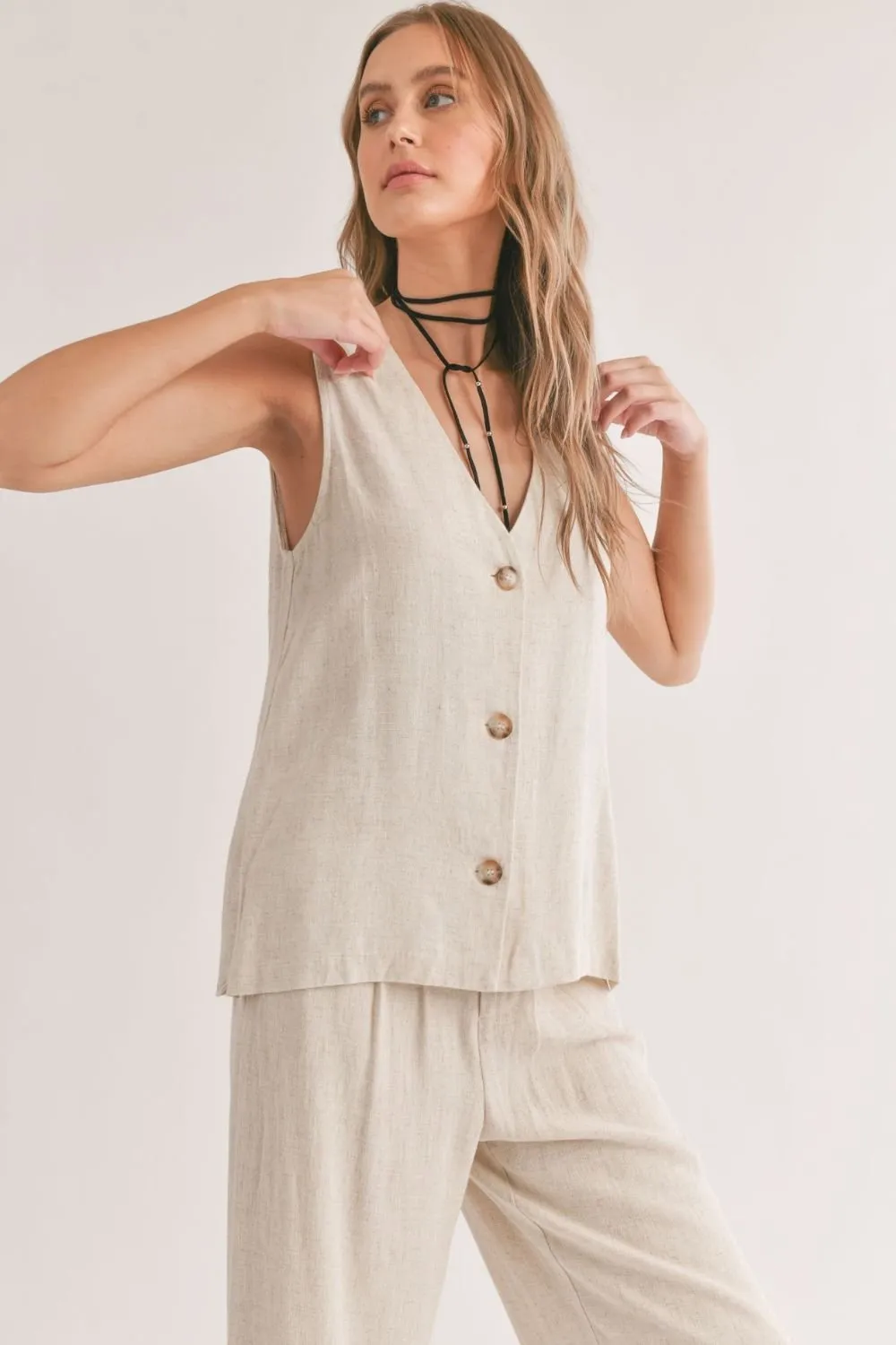 Women's Linen Blend Button Down Vest Top | Oatmeal