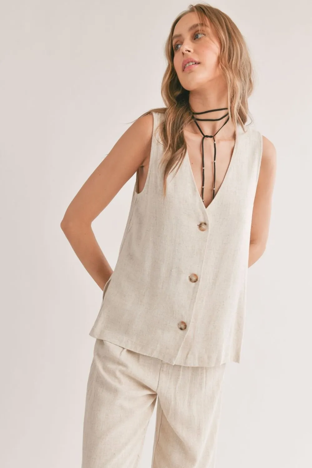 Women's Linen Blend Button Down Vest Top | Oatmeal