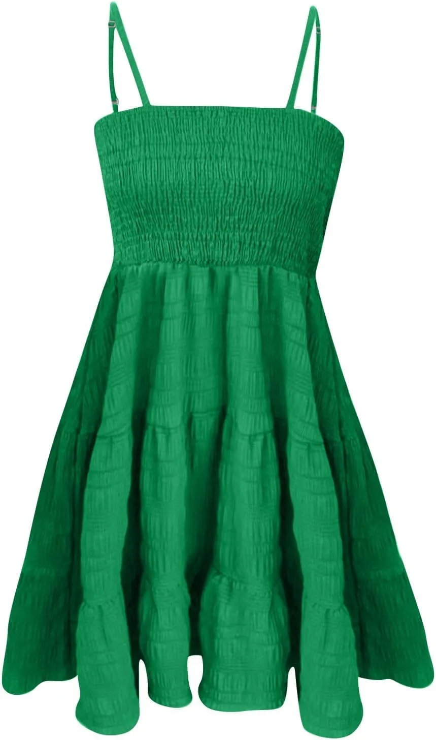 Womens Summer Boho Dresses Spaghetti Strap Sundresses Smocked Tiered Mini Dress Casual Flowy Swing Beach Sun Dress