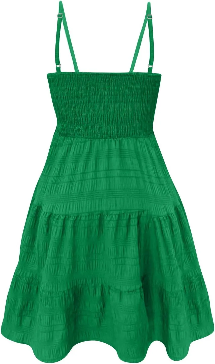 Womens Summer Boho Dresses Spaghetti Strap Sundresses Smocked Tiered Mini Dress Casual Flowy Swing Beach Sun Dress