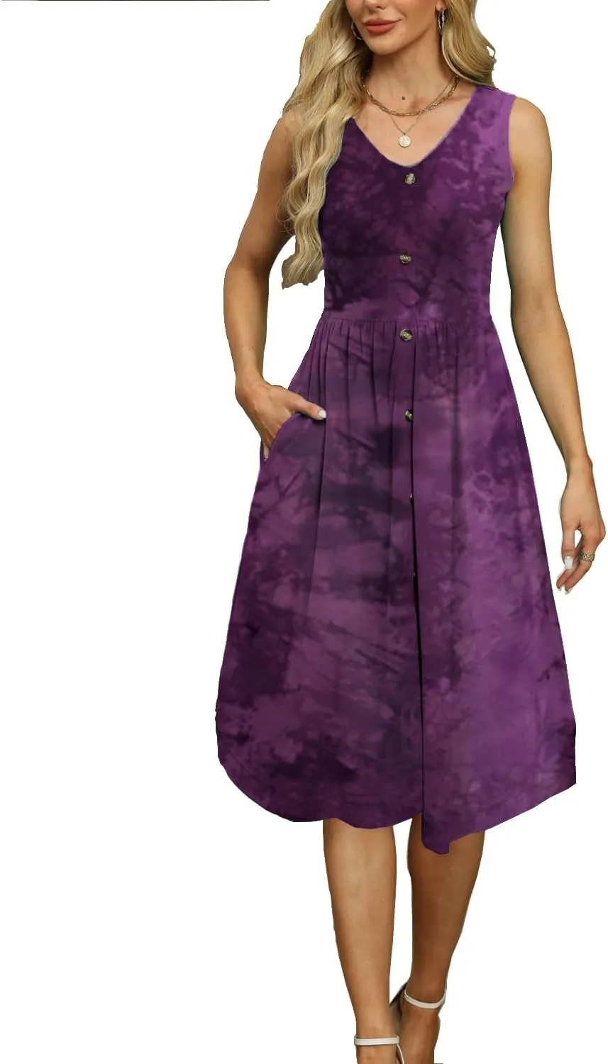 Women's Summer Sleeveless Dress Button Down Empire Waist Casual Midi Sundress with Pockets