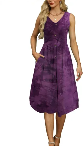 Women's Summer Sleeveless Dress Button Down Empire Waist Casual Midi Sundress with Pockets
