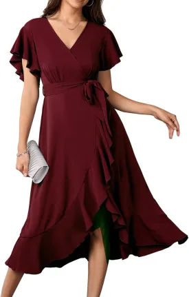 Womens Wedding Guest Midi Dress Flutter Sleeve V Neck Wrap High Low Bridesmaid Cocktail Formal Dresses for Women