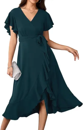 Womens Wedding Guest Midi Dress Flutter Sleeve V Neck Wrap High Low Bridesmaid Cocktail Formal Dresses for Women