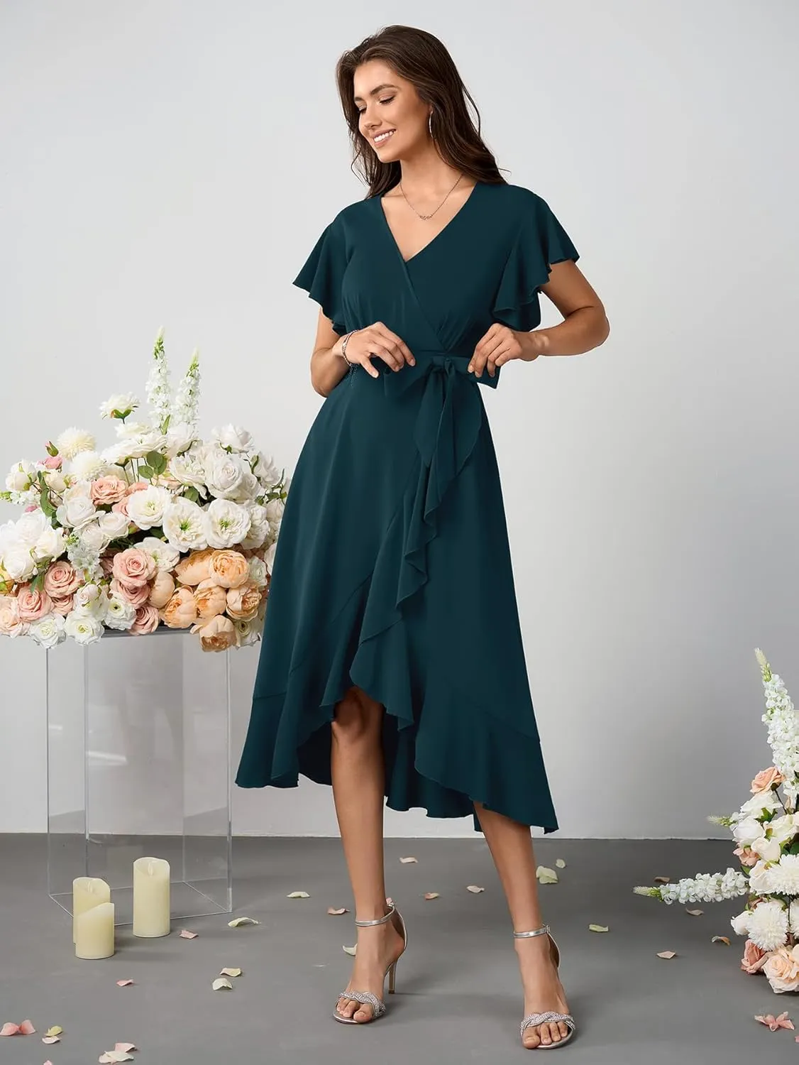 Womens Wedding Guest Midi Dress Flutter Sleeve V Neck Wrap High Low Bridesmaid Cocktail Formal Dresses for Women