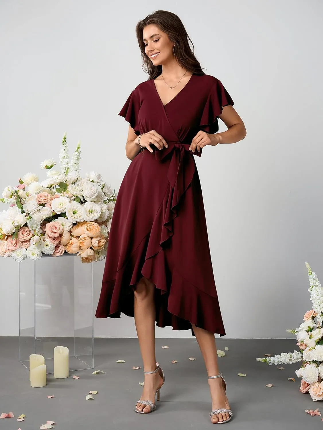 Womens Wedding Guest Midi Dress Flutter Sleeve V Neck Wrap High Low Bridesmaid Cocktail Formal Dresses for Women