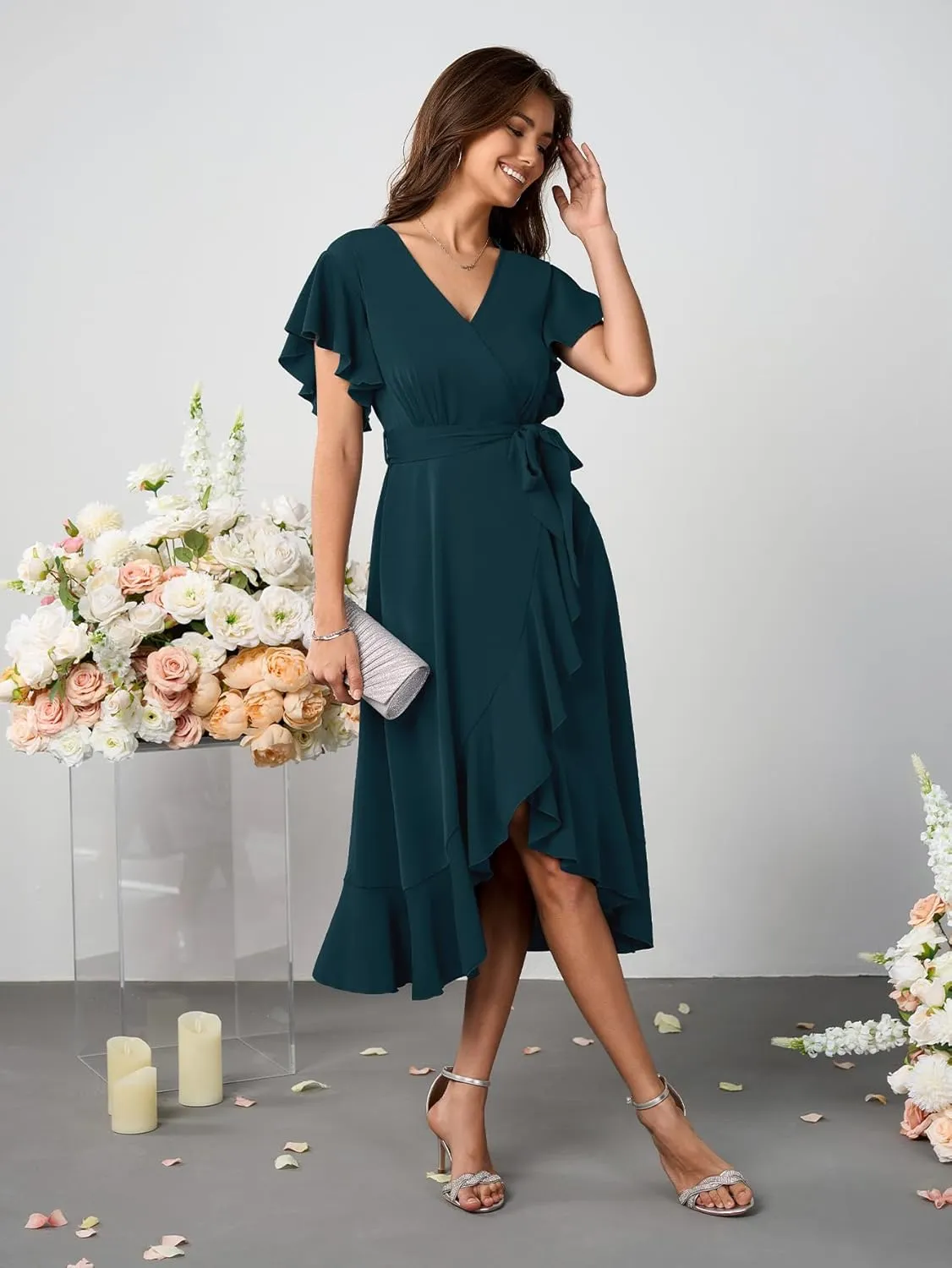 Womens Wedding Guest Midi Dress Flutter Sleeve V Neck Wrap High Low Bridesmaid Cocktail Formal Dresses for Women