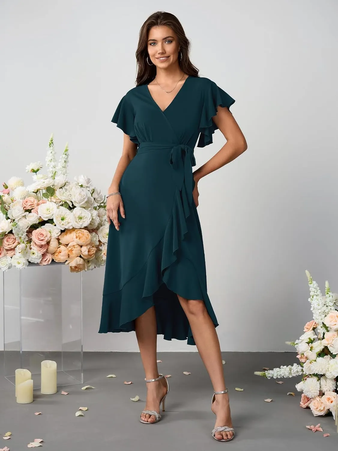 Womens Wedding Guest Midi Dress Flutter Sleeve V Neck Wrap High Low Bridesmaid Cocktail Formal Dresses for Women