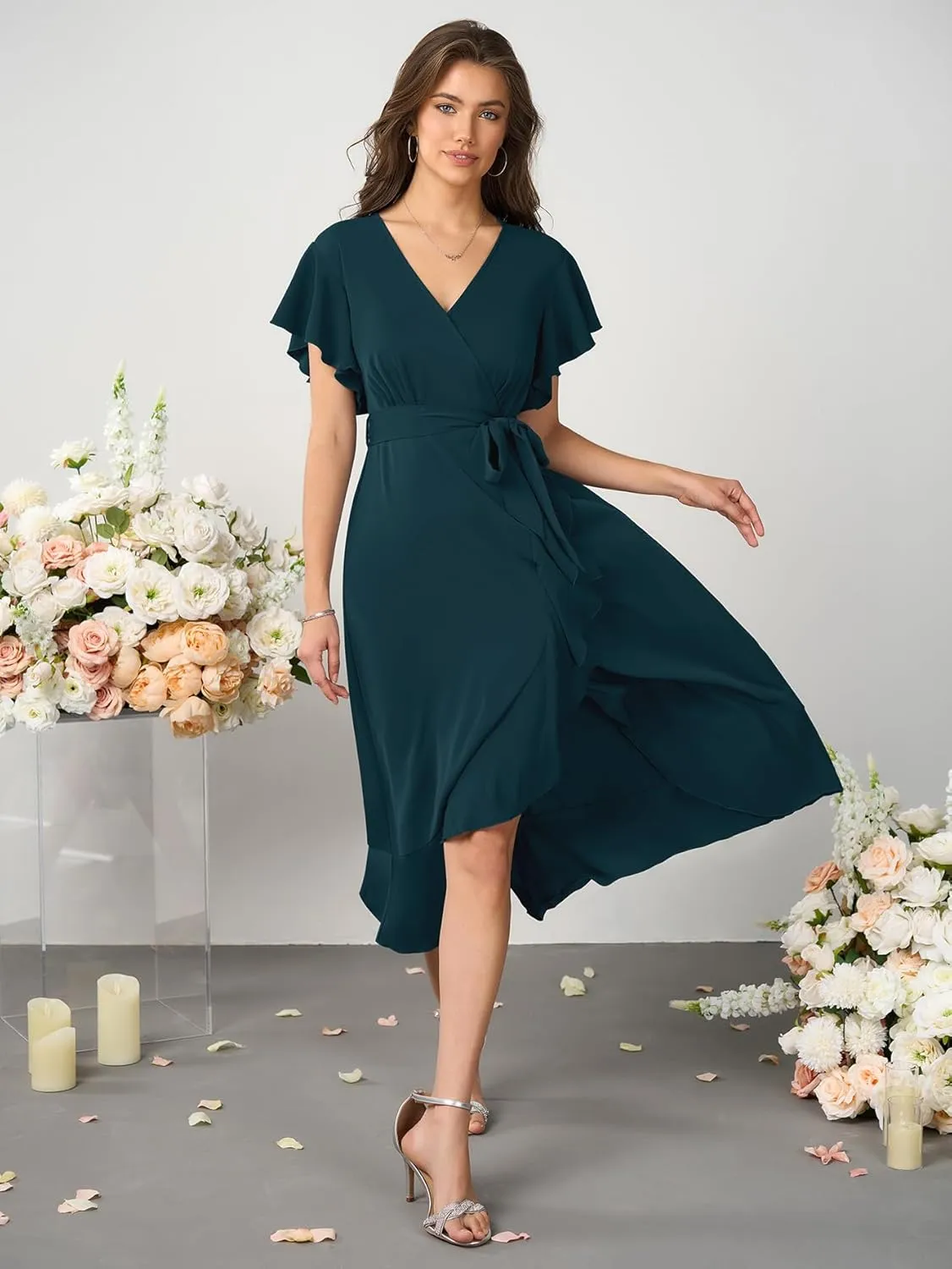Womens Wedding Guest Midi Dress Flutter Sleeve V Neck Wrap High Low Bridesmaid Cocktail Formal Dresses for Women