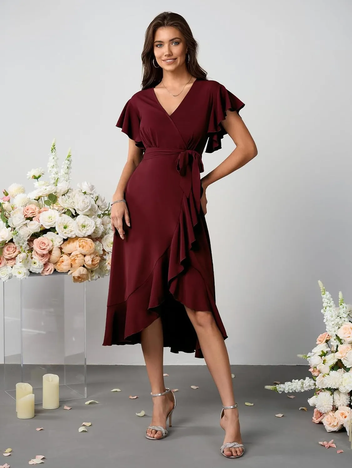 Womens Wedding Guest Midi Dress Flutter Sleeve V Neck Wrap High Low Bridesmaid Cocktail Formal Dresses for Women